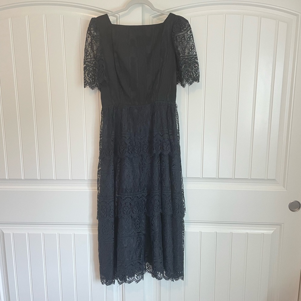 Vintage Nuit black lace ruffle tiered maxi dress size 12